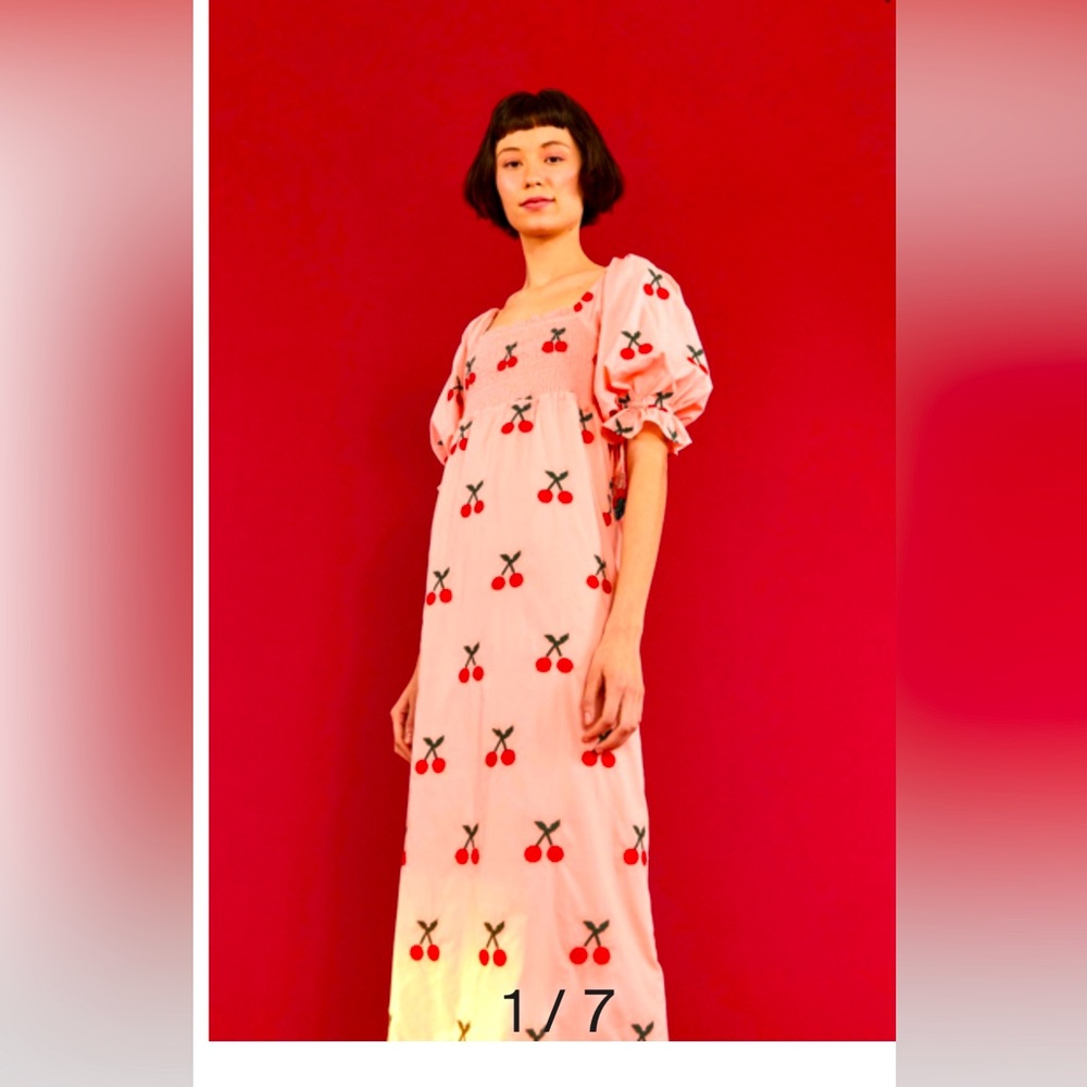 NWT Farm Rio Cherry Cross Stitch Midi Dress in Light Pink